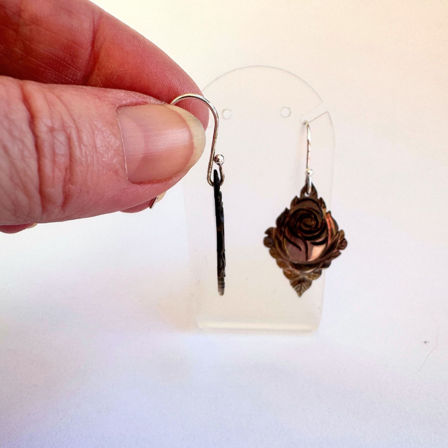 Carved black mother or pearl sterling silver earrings