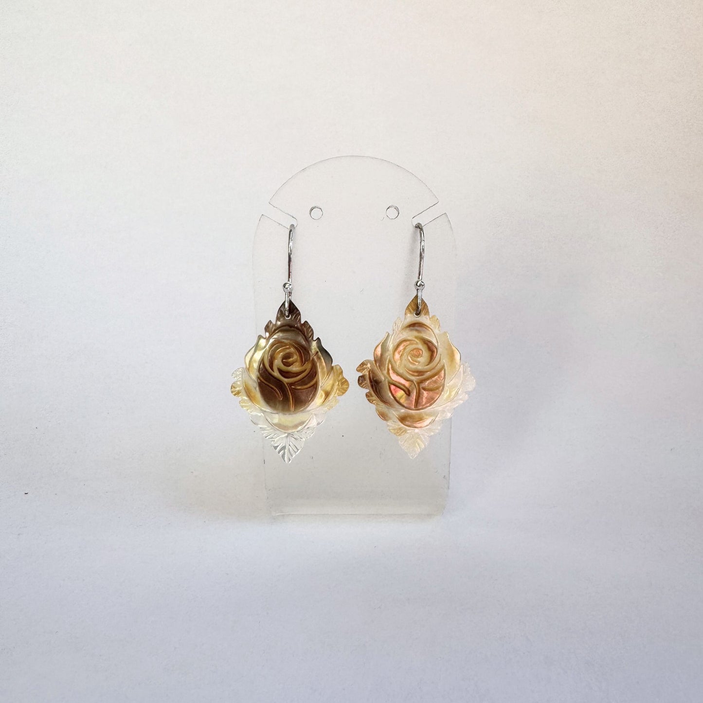 Carved golden mother or pearl sterling silver earrings