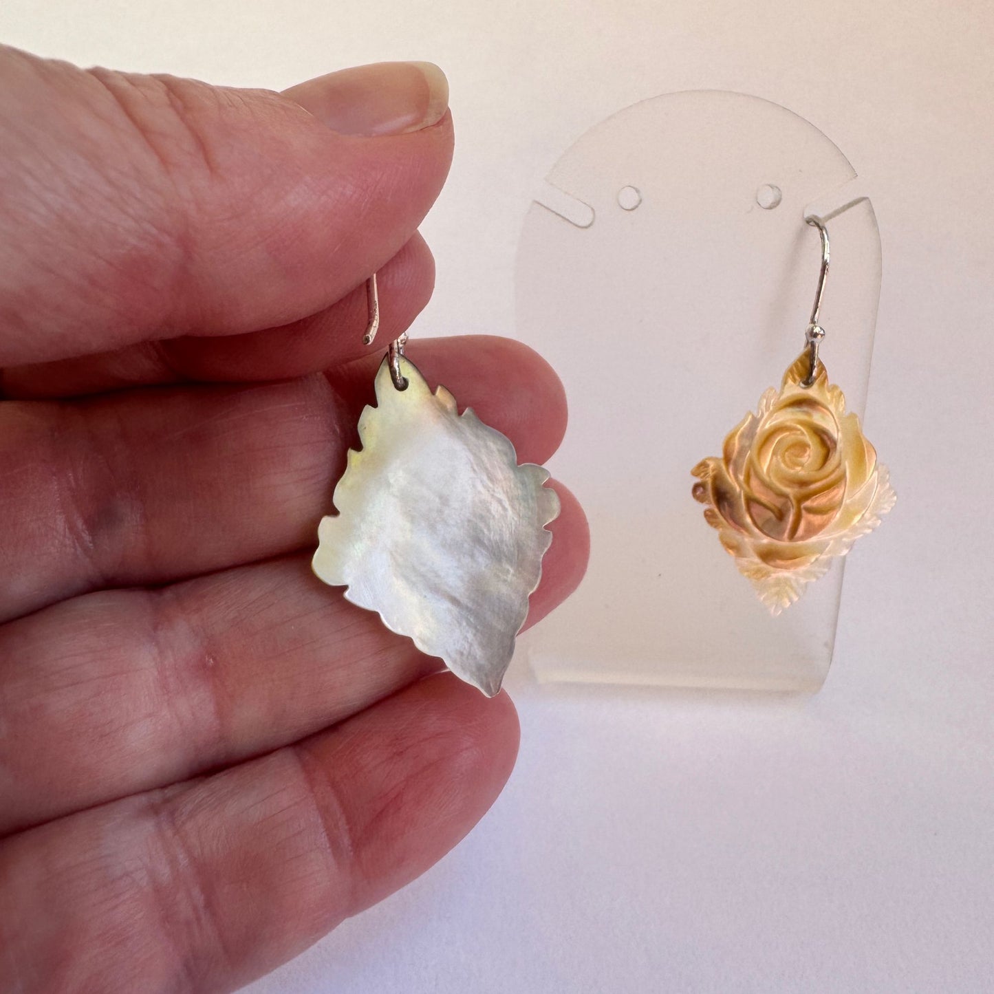 Carved golden mother or pearl sterling silver earrings