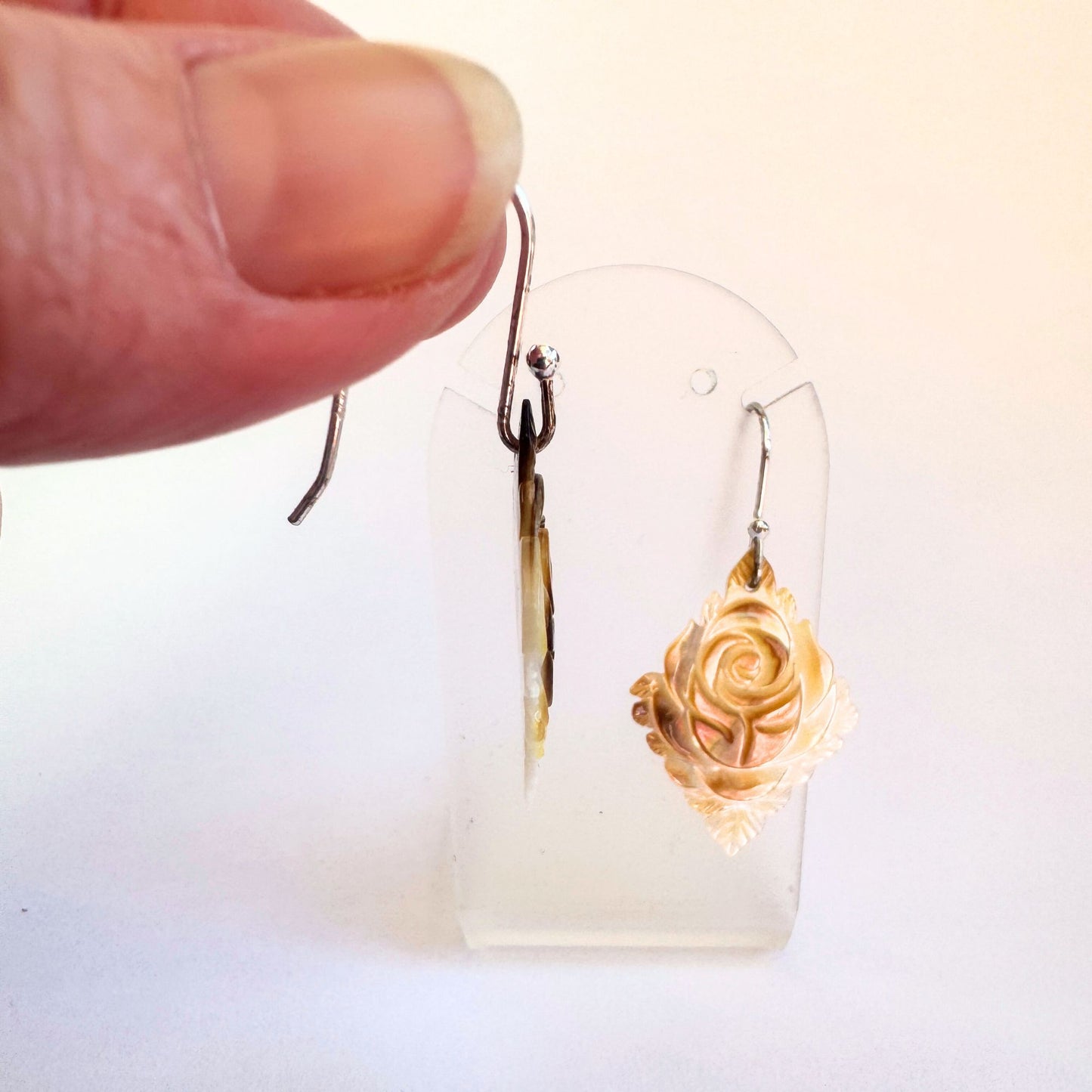 Carved golden mother or pearl sterling silver earrings
