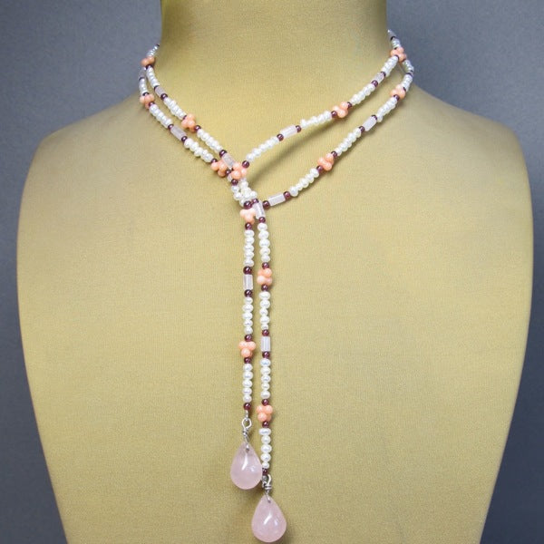 Rose quartz, coral and pearl lariat necklace