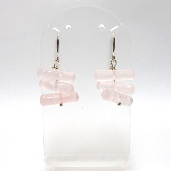 Rose quartz cylinder beads sterling silver earrings