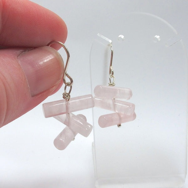 Rose quartz cylinder beads sterling silver earrings