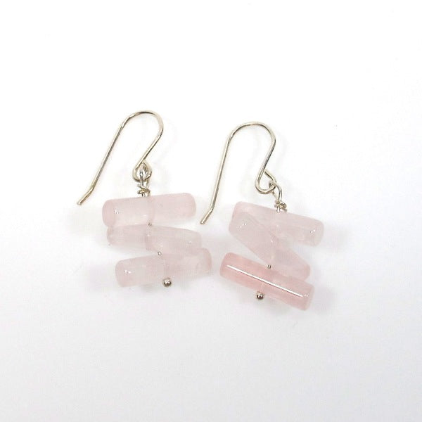 Rose quartz cylinder beads sterling silver earrings