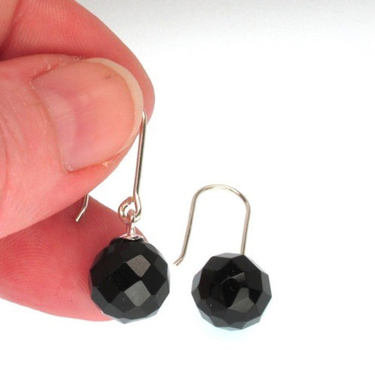 Onyx faceted ball and sterling silver earrings