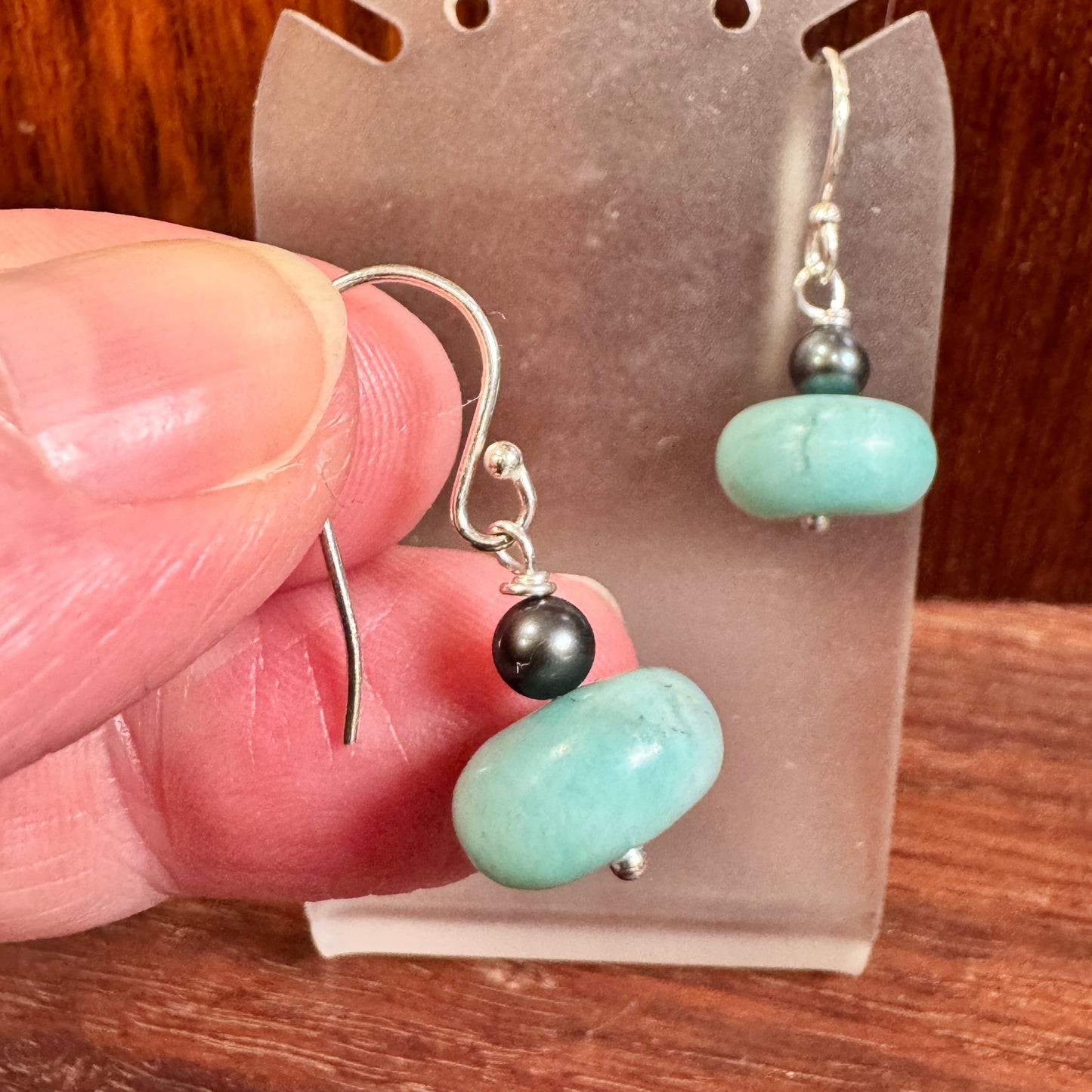 Amazonite with black fresh water pearl sterling silver earrings