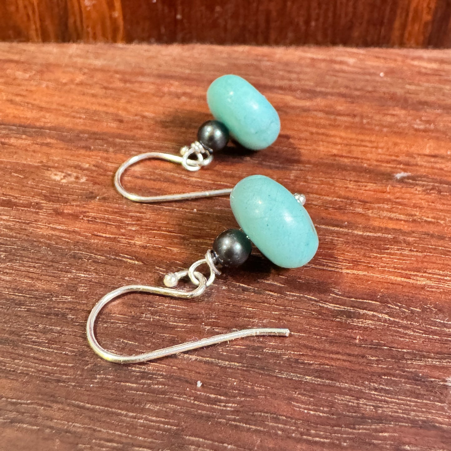 Amazonite with black fresh water pearl sterling silver earrings