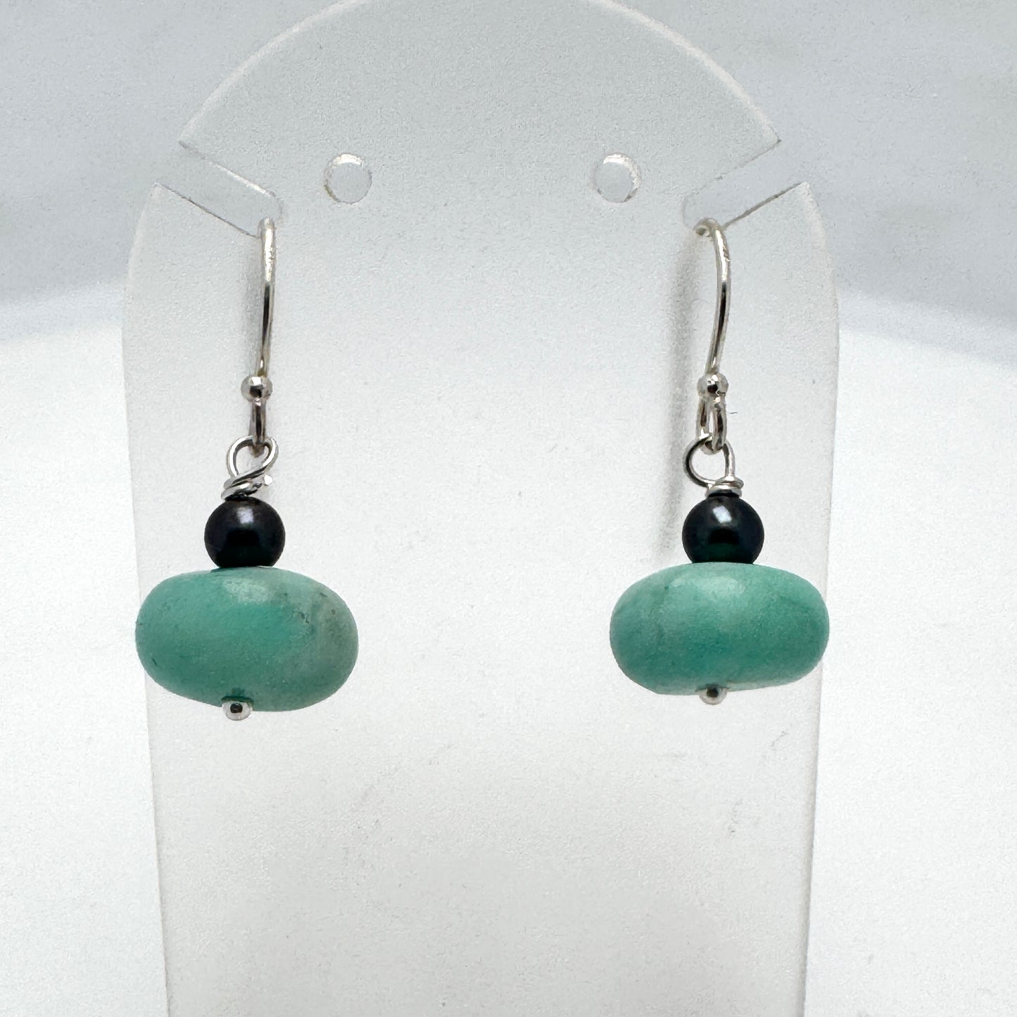 Amazonite with black fresh water pearl sterling silver earrings