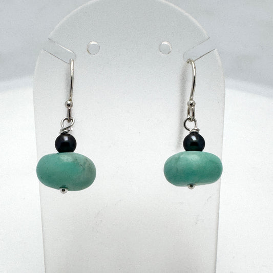 Amazonite with black fresh water pearl sterling silver earrings