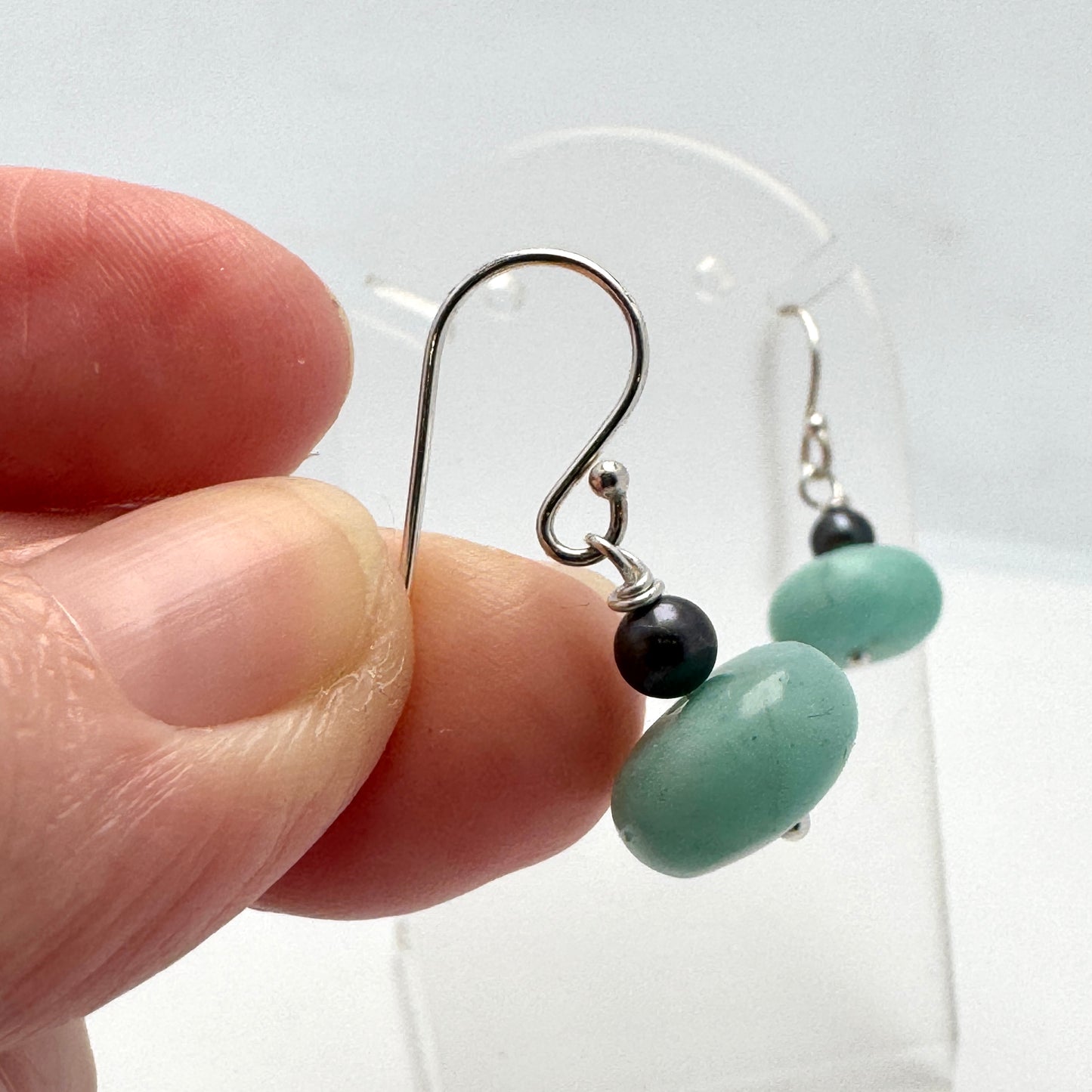 Amazonite with black fresh water pearl sterling silver earrings
