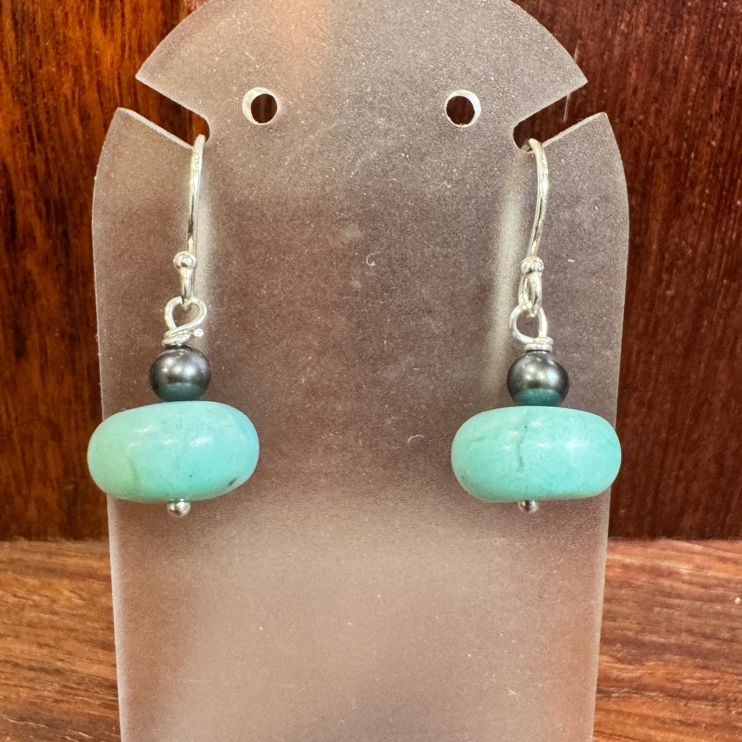 Amazonite with black fresh water pearl sterling silver earrings