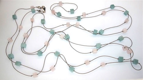 Amazonite and rose quartz cubes necklace full length shown flat on white background