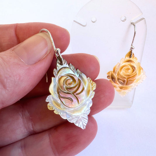Carved golden mother or pearl sterling silver earrings