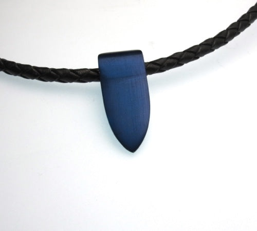 Blue Anodised Aluminium pendant on black plated leather necklace