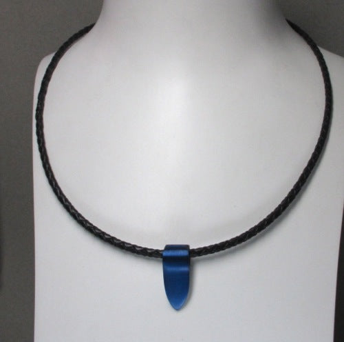 Blue Anodised Aluminium pendant on black plated leather necklace