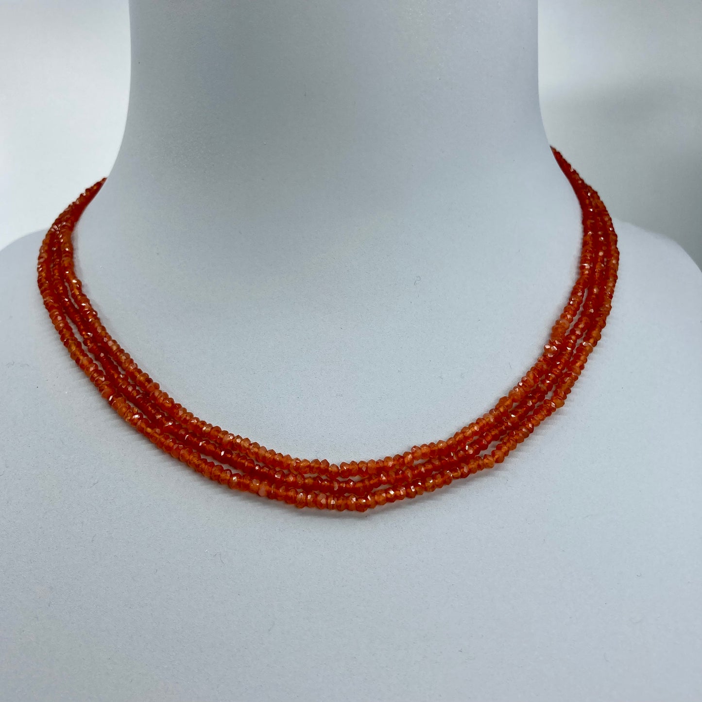 Faceted Carnelian beads and sterling silver triple row short necklace