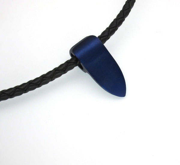 Blue Anodised Aluminium pendant on black plated leather necklace