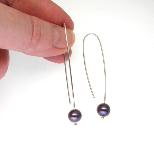 Black fresh water pearl long sterling silver earrings