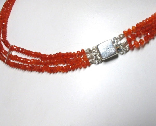 Faceted Carnelian beads and sterling silver triple row short necklace